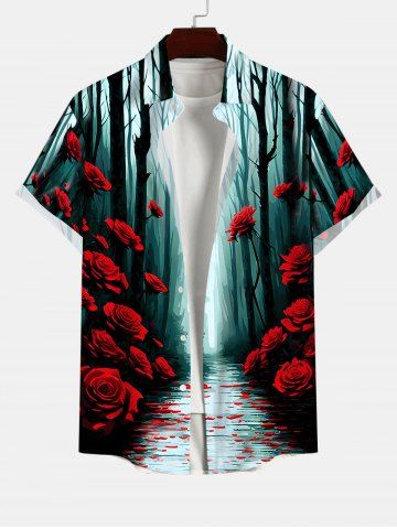 Chemise D'Halloween Rose Arbre Ombrée et Forêt Imprimés Boutonnée de Grande Taille avec Poche - MULTI-A - XL