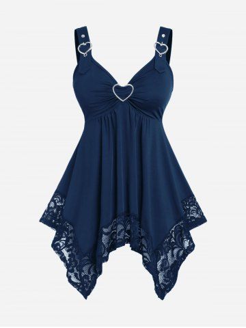 Plus Size Lace Panel Heart-ring Buckles Handkerchiefs Tank Top - DEEP BLUE - 2X | US 18-20