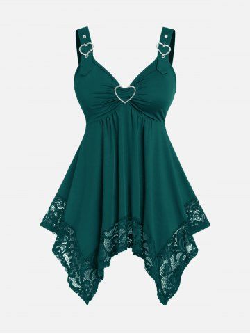 Plus Size Lace Panel Heart-ring Buckles Handkerchiefs Tank Top - DEEP GREEN - 2X | US 18-20