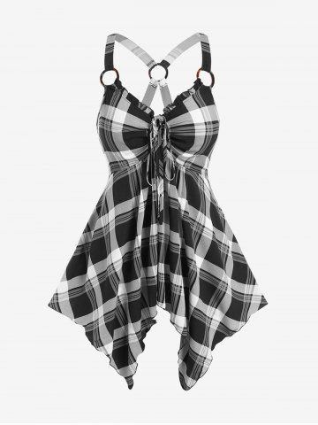 Plus Size Checked Rings Frilled Cinched Handkerchief Hem Tank Top - BLACK - L | US 12