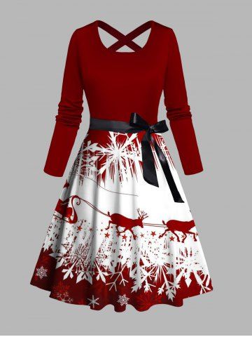 Robe Ceinturée Croisée Flocon de Neige Cerf et Traîneau Imprimés avec Nœud Papillon
