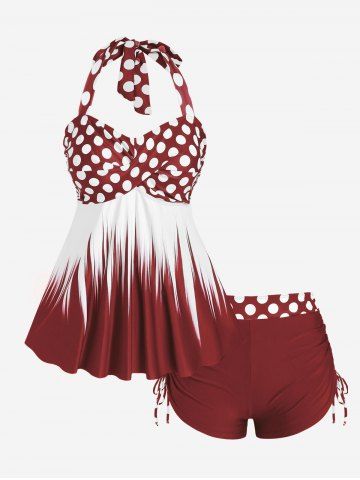 Plus Size Polka Dot Halter Twist Cinched Ruched Boyshorts Tankini Swimsuit - DEEP RED - L | US 12