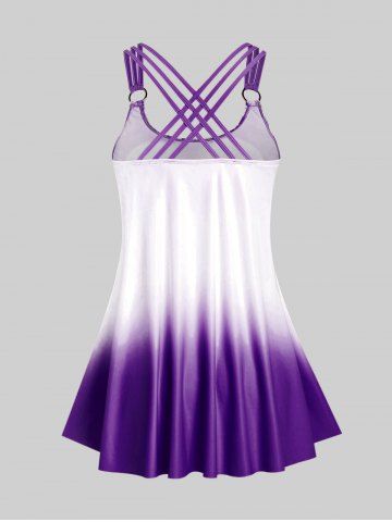Plus Size & Curve Ombre Color Floral Print Crisscross Modest Tankini Swimsuit