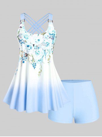 Plus Size & Curve Ombre Color Floral Print Crisscross Modest Tankini Swimsuit - SKY BLUE - 4X
