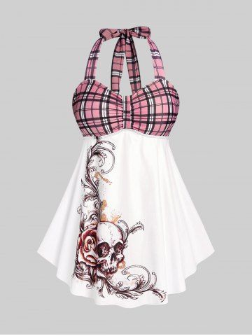 Plus Size & Curve Halter Plaid Skull Print Backless Gothic Modest Tankini  Swimsuit - LIGHT PINK - 3X