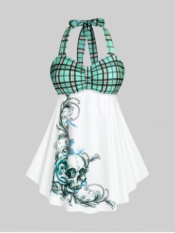 Plus Size & Curve Halter Plaid Skull Print Backless Gothic Modest Tankini  Swimsuit - LIGHT GREEN - 1X