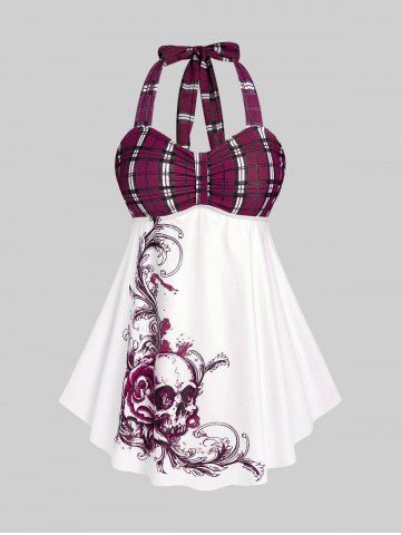 Plus Size & Curve Halter Plaid Skull Print Backless Gothic Modest Tankini  Swimsuit - DEEP RED - 5X