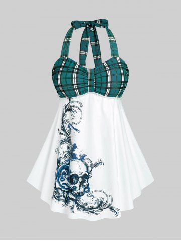 Plus Size & Curve Halter Plaid Skull Print Backless Gothic Modest Tankini  Swimsuit - DEEP GREEN - L