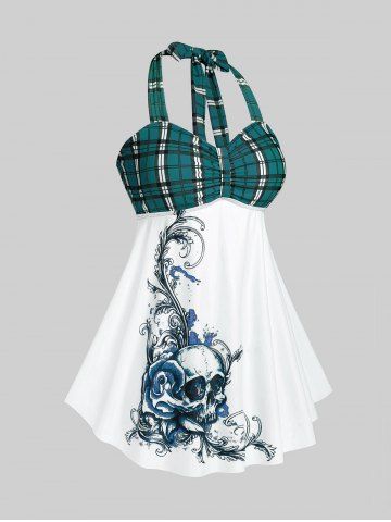 Plus Size & Curve Halter Plaid Skull Print Backless Gothic Modest Tankini  Swimsuit