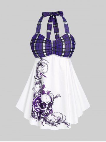 Plus Size & Curve Halter Plaid Skull Print Backless Gothic Modest Tankini  Swimsuit - CONCORD - L