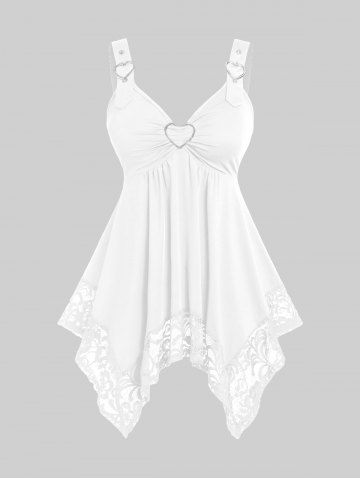 Plus Size Lace Panel Heart-ring Buckles Handkerchiefs Tank Top - WHITE - L | US 12