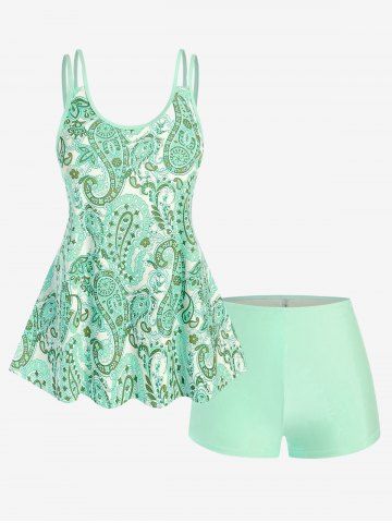 Maillot de bain tankini grande taille à imprimé cachemire bohème avec shorty - GREEN - 4X | US 26-28