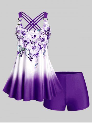 Plus Size & Curve Ombre Color Floral Print Crisscross Modest Tankini Swimsuit