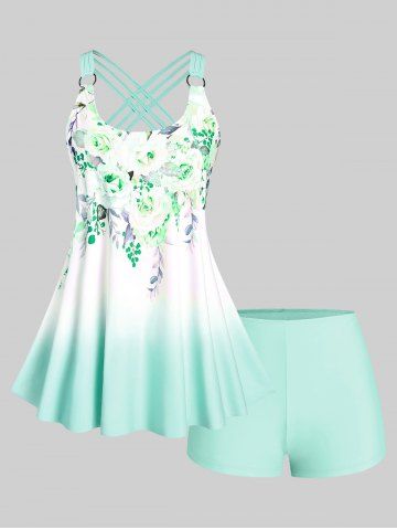 Plus Size & Curve Ombre Color Floral Print Crisscross Modest Tankini Swimsuit - LIGHT GREEN - 4X