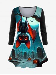 Plus Size Pumpkin Bat Cross Tombstone Glitter Moon Print Halloween Ombre Long Sleeves T-shirt -  