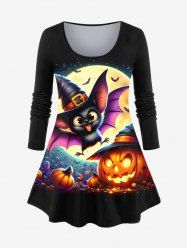 Plus Size Pumpkin Lantern Bat Wizard Hat Moon Print Halloween Long Sleeves T-shirt -  