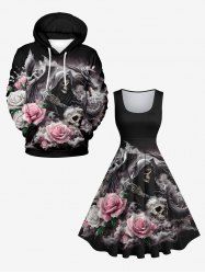 Ensemble Costume D'Halloween Imprimé Rose Crâne et Nuage Grande Taille pour Couples - Noir 