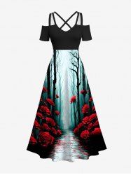 Plus Size Tree Forest Rose Flower Road Print Halloween Costume Ombre Crisscross A Line Maxi Dress -  