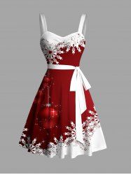 Christmas Sweetheart Neck Snowflake Bell Contrast Print Ruched Bust Belt Dress -  