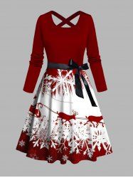 Christmas Snowflake Elk Sleigh Ride Print Crisscross Bowknot Belted Dress -  