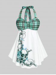 Plus Size & Curve Halter Plaid Skull Print Backless Gothic Modest Tankini  Swimsuit -  