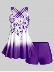 Plus Size & Curve Ombre Color Floral Print Crisscross Modest Tankini Swimsuit -  