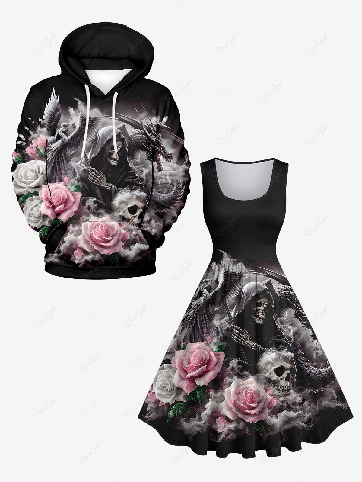 Ensemble Costume D'Halloween Imprimé Rose Crâne et Nuage Grande Taille pour Couples Noir 