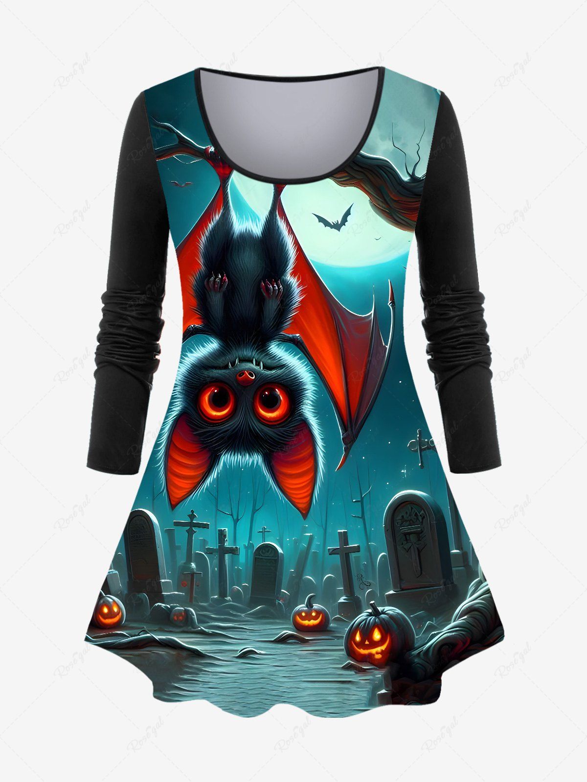 New Plus Size Pumpkin Bat Cross Tombstone Glitter Moon Print Halloween Ombre Long Sleeves T-shirt  