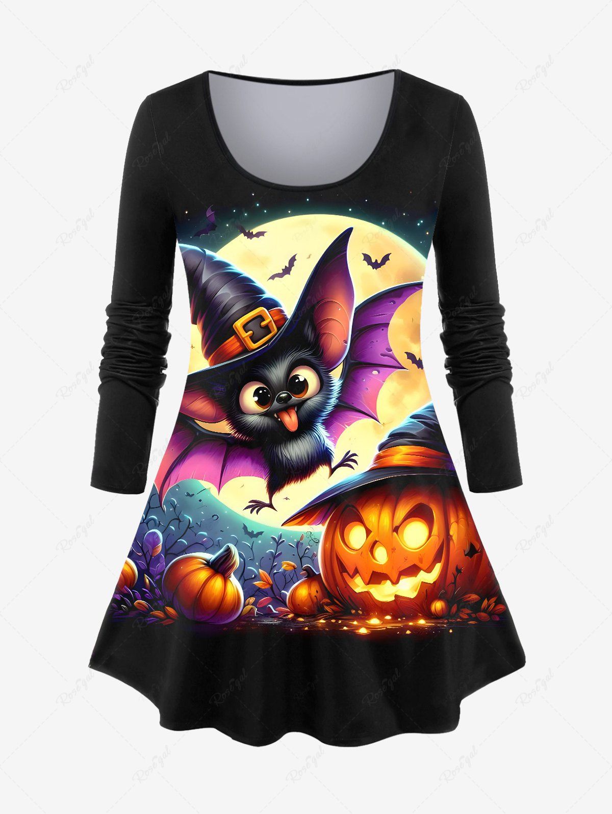 Sale Plus Size Pumpkin Lantern Bat Wizard Hat Moon Print Halloween Long Sleeves T-shirt  