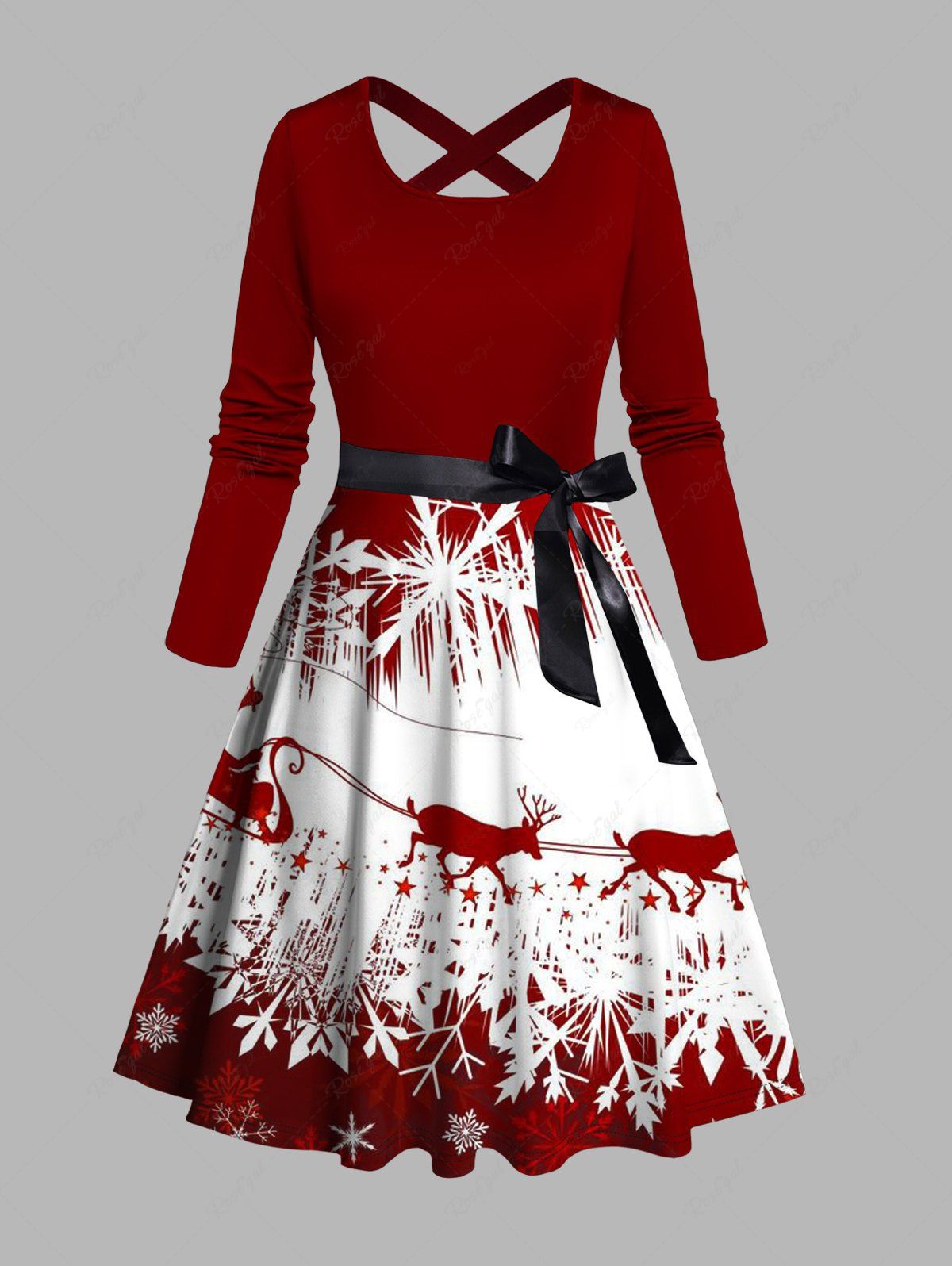 Affordable Christmas Snowflake Elk Sleigh Ride Print Crisscross Bowknot Belted Dress  