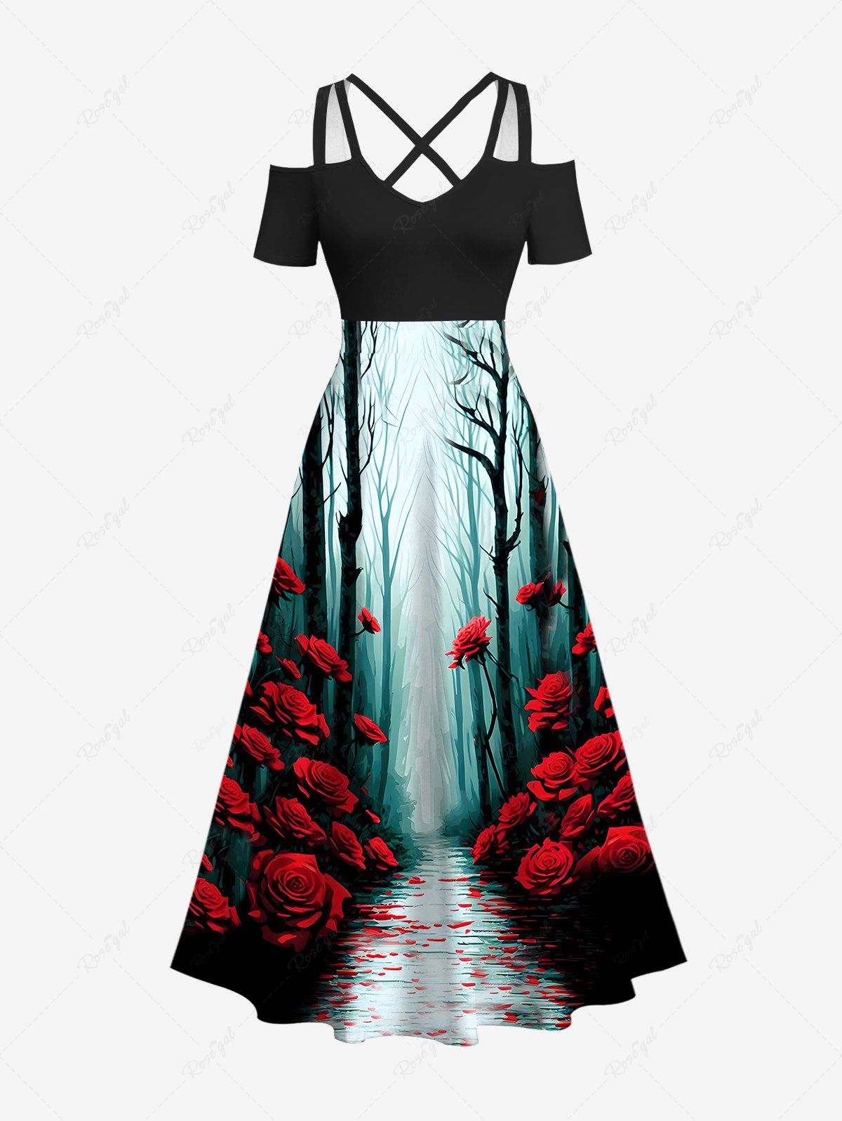Chic Plus Size Tree Forest Rose Flower Road Print Halloween Costume Ombre Crisscross A Line Maxi Dress  