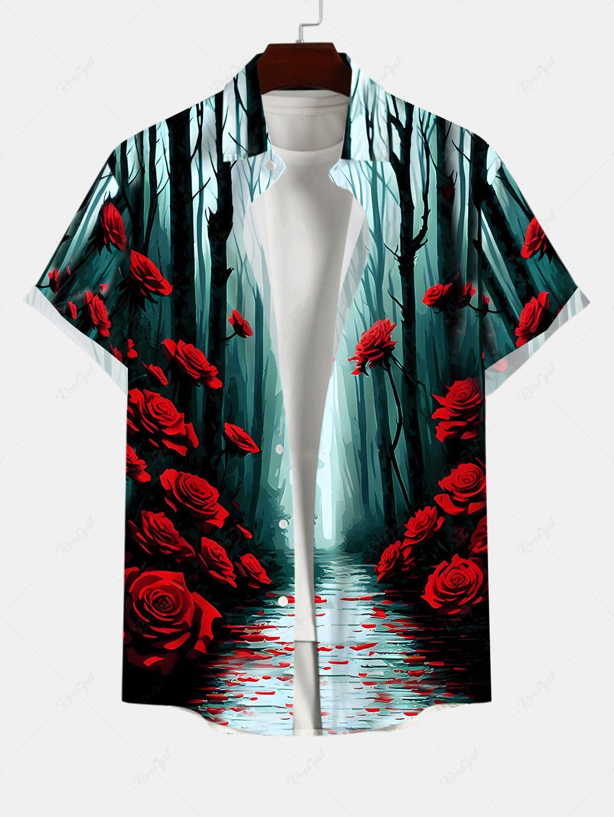 Discount Plus Size Tree Forest Rose Flower Road Print Halloween Ombre Button Pocket Shirt For Men  