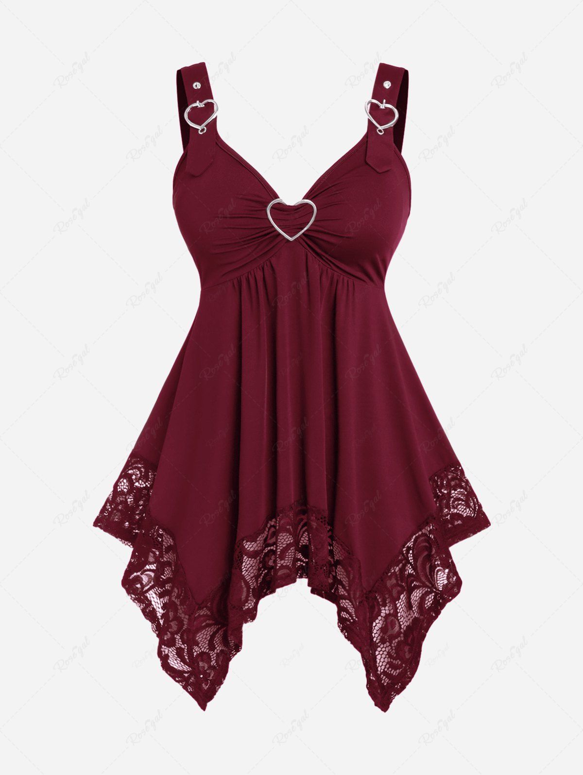 Outfit Plus Size Lace Panel Heart-ring Buckles Handkerchiefs Tank Top  