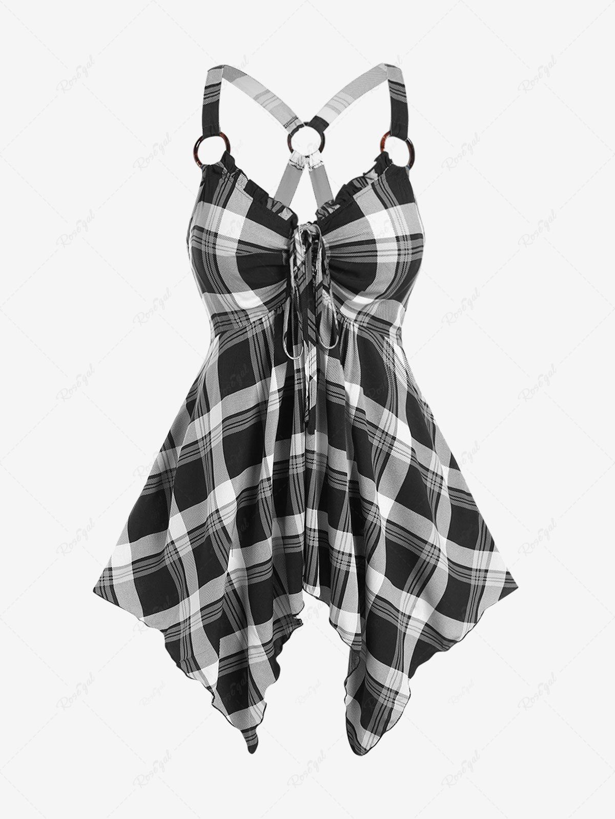 Cheap Plus Size Checked Rings Frilled Cinched Handkerchief Hem Tank Top  