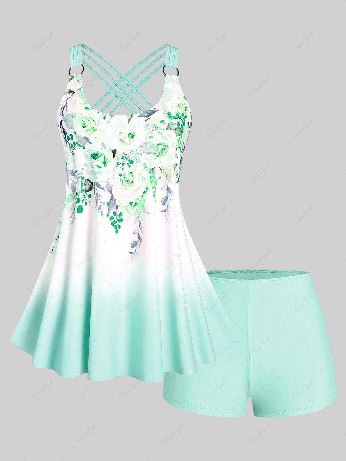 Best Plus Size & Curve Ombre Color Floral Print Crisscross Modest Tankini Swimsuit  