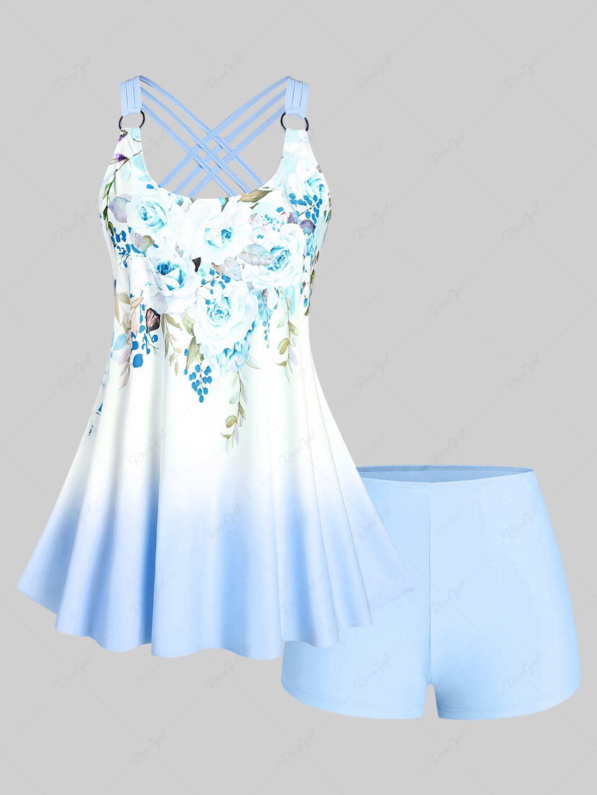 Store Plus Size & Curve Ombre Color Floral Print Crisscross Modest Tankini Swimsuit  