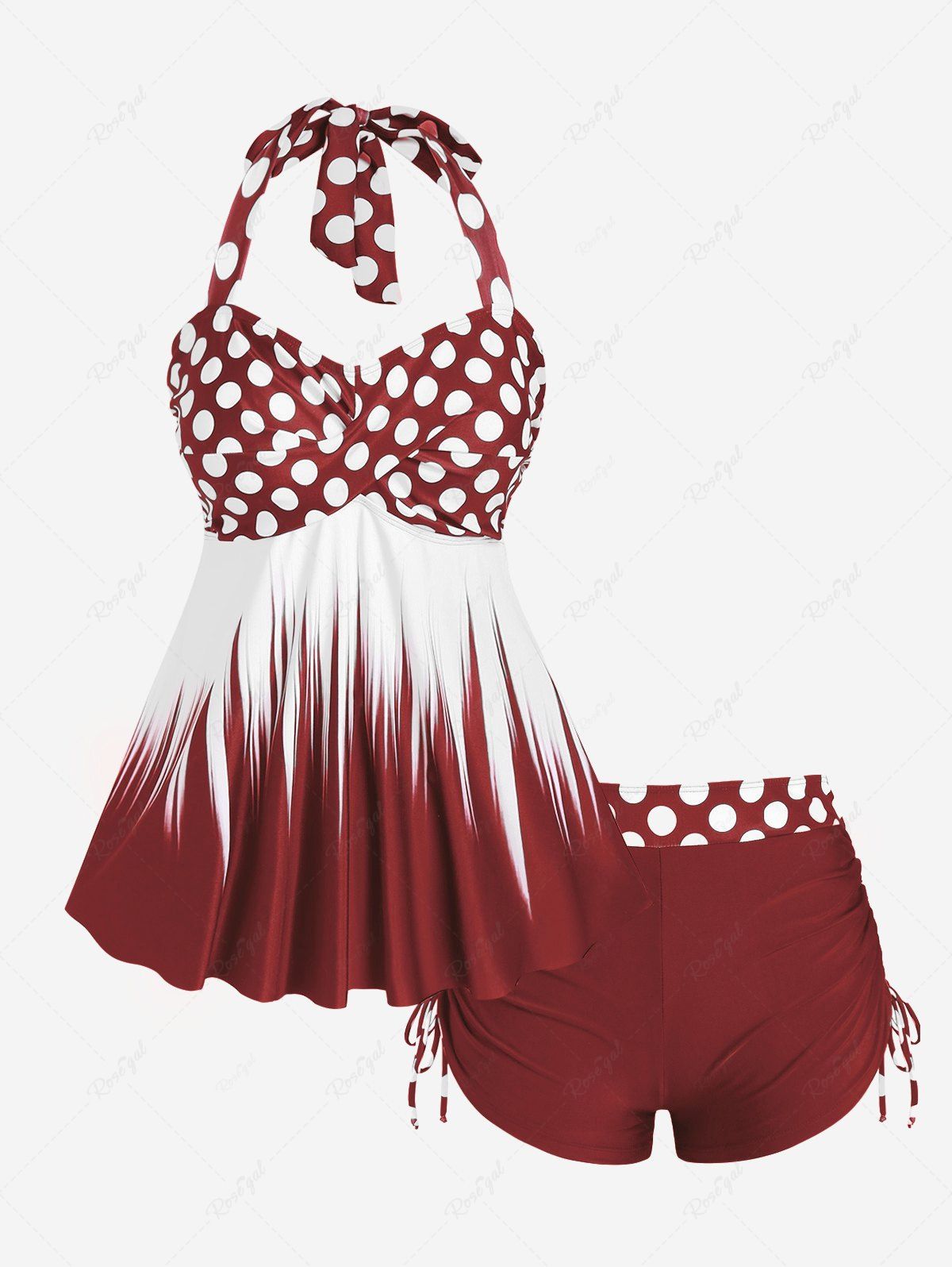 Trendy Plus Size Polka Dot Halter Twist Cinched Ruched Boyshorts Tankini Swimsuit  