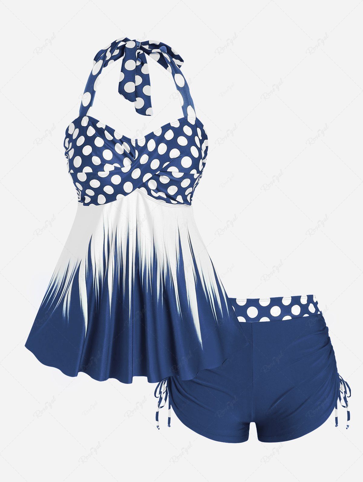 Chic Plus Size Polka Dot Halter Twist Cinched Ruched Boyshorts Tankini Swimsuit  