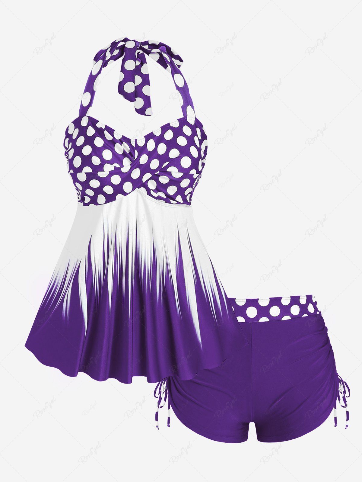 Sale Plus Size Polka Dot Halter Twist Cinched Ruched Boyshorts Tankini Swimsuit  
