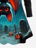 Plus Size Pumpkin Bat Cross Tombstone Glitter Moon Print Halloween Ombre Long Sleeves T-shirt -  