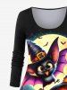 Plus Size Pumpkin Lantern Bat Wizard Hat Moon Print Halloween Long Sleeves T-shirt -  