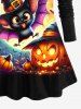 Plus Size Pumpkin Lantern Bat Wizard Hat Moon Print Halloween Long Sleeves T-shirt -  