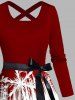 Christmas Snowflake Elk Sleigh Ride Print Crisscross Bowknot Belted Dress -  