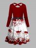 Christmas Snowflake Elk Sleigh Ride Print Crisscross Bowknot Belted Dress -  