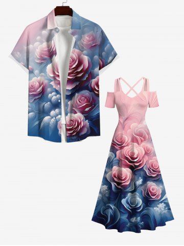 Rose Flower Ombre Colorblock Print Plus Size Matching Hawaii Beach Outfit For Couples - LIGHT PINK