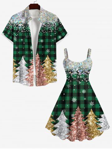 Plaid Snowflake Christmas Tree Sparkling Sequin 3D Print Plus Size Matching Christmas Outfit For Couples - GREEN