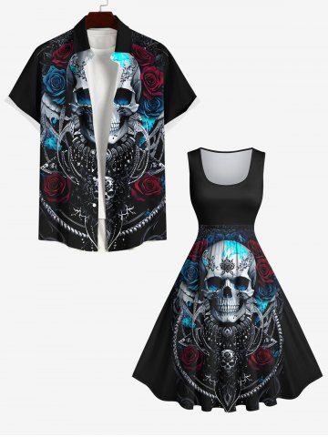 Halloween Costume Metallic Skull Rose Flower Print Plus Size Matching Outfit For Couples - BLACK