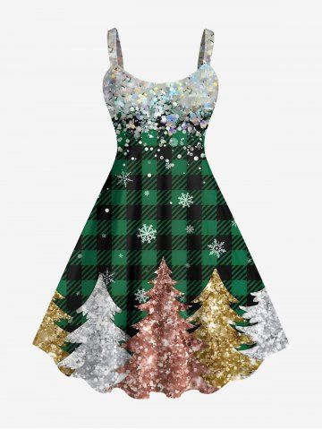 Robe Débardeur Brillante 3D Sapin de Noël et Flocon de Neige Imprimé à Carreaux de Grande Taille - GREEN - XS