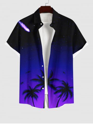 Plus Size Coconut Tree Ombre Galaxy Meteor Print Hawaii Button Pocket Shirt For Men - BLACK - 4XL