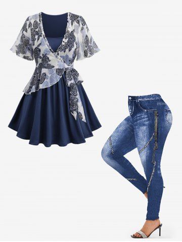 Rose Flower Gilding Graphic Surplice 2 in 1 Top and 3D Denim Topstitching Print Leggings Plus Size Outfit - BLUE